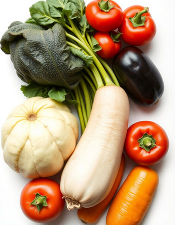 Fresh vegetables isolated on white background. Top view. Flat lay.の写真素材
