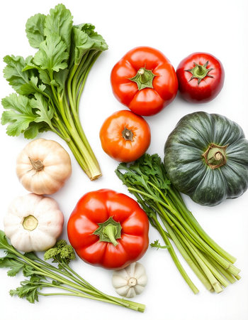 vegetables isolated on white background, top view, close upの写真素材