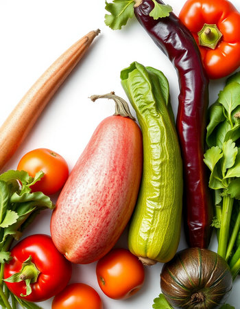 Fresh vegetables isolated on white background. Healthy eating concept. Top view.の写真素材