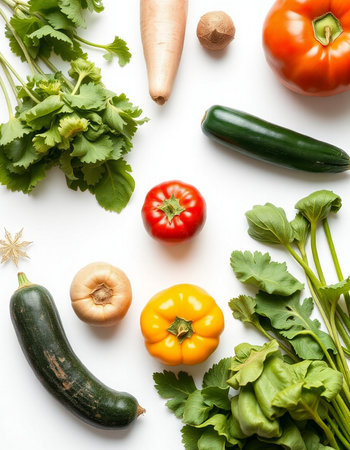Set of fresh vegetables on white background. Flat lay, top viewの写真素材