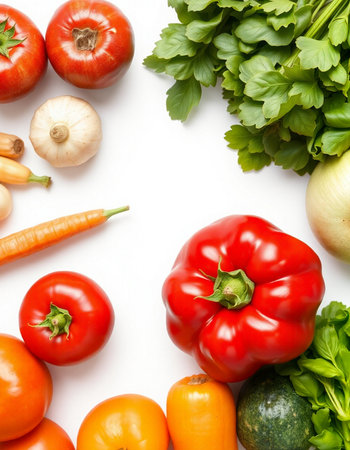 Fresh vegetables isolated on white background. Top view. Flat lay.
