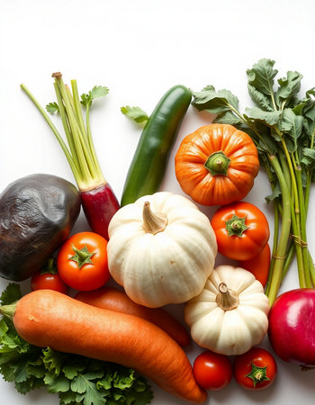 Fresh vegetables isolated on white background. Top view. Flat lay.の写真素材