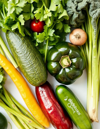Fresh vegetables on a white background. Healthy eating concept. Top view.の写真素材