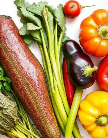 Fresh vegetables on a white background. Top view. Flat lay.の写真素材