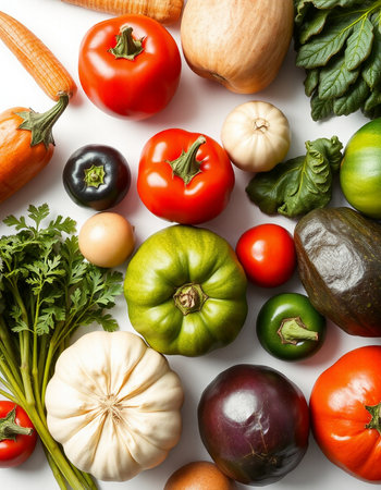 Composition with fresh vegetables on white background, top view. Healthy foodの写真素材