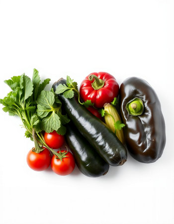 Vegetables isolated on white background. Red and black pepper, zucchini, eggplant, cherry tomatoes, parsleyの写真素材