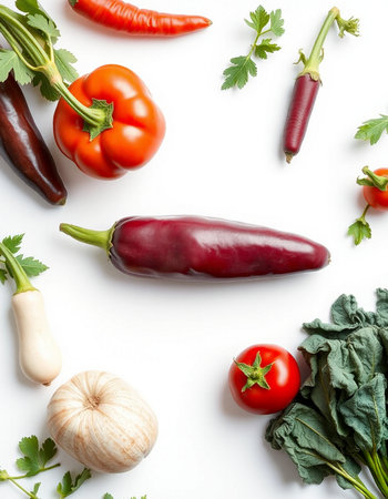 Fresh vegetables on a white background. Flat lay, top view.の写真素材
