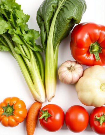 Composition with fresh vegetables on white background, top view. Balanced dietの写真素材