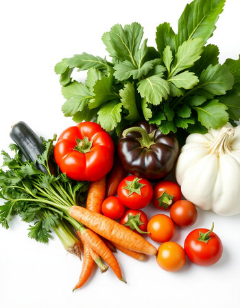 Fresh vegetables isolated on white background. Healthy food concept. Top view.の写真素材