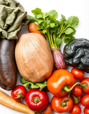 Composition with fresh vegetables on a white background, top view.の写真素材
