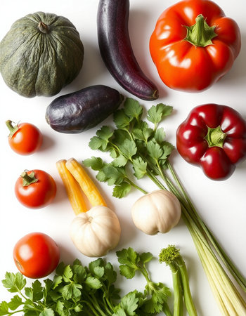 Fresh vegetables on white background, top view. Healthy food concept.の写真素材