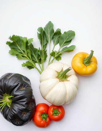 Vegetables on a white background, top view, flat layの写真素材