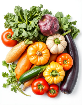 Fresh vegetables isolated on white background. Healthy food. Top view.