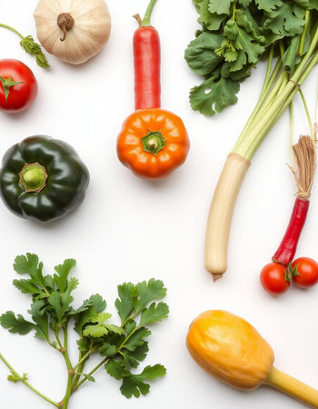 Variety of fresh vegetables on white background. Top view, flat layの写真素材