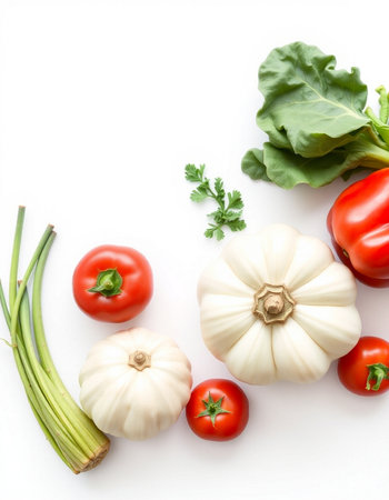 Vegetables on white background. Tomatoes, garlic, onion and parsleyの写真素材