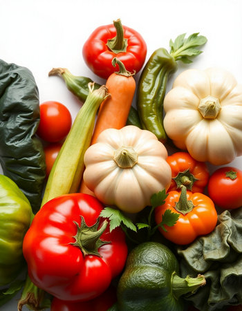 Fresh vegetables on white background, top view. Healthy food concept.の写真素材