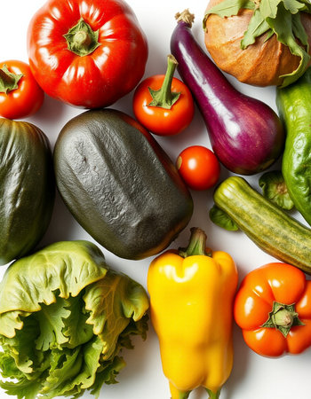 Fresh vegetables isolated on white background. Top view. Flat lay.の写真素材