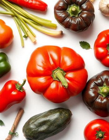 Composition with different fresh vegetables on white background, top view. Space for textの写真素材