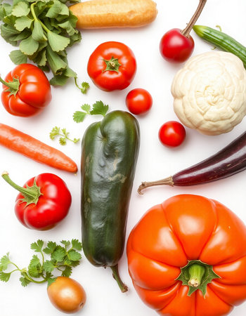 vegetables on white background, top view, close-upの写真素材