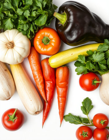 Fresh vegetables on a white background, top view, close-upの写真素材