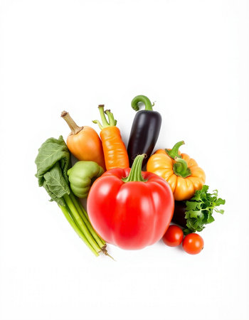 Fresh vegetables isolated on white background. Healthy food concept. Top view.
