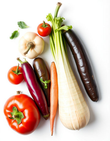 Fresh vegetables on a white background, close-up, top viewの写真素材