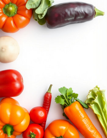 Colorful vegetables on white background with copy space. Top view.の写真素材