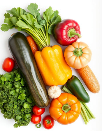 fresh vegetables isolated on white background, top view, close-upの写真素材