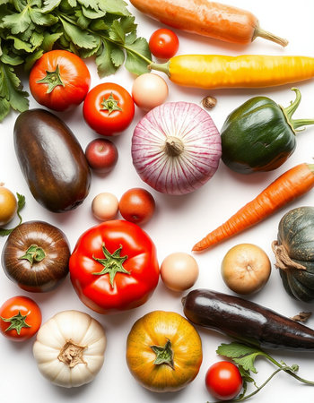 Fresh vegetables on a white background. Top view. Flat lay.の写真素材