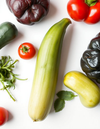 Different ripe vegetables on white background, top view. Vegetarian foodの写真素材
