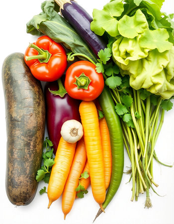 Fresh vegetables isolated on white background. Carrot, eggplant, pepper, tomato, cucumber, lettuce, parsleyの写真素材