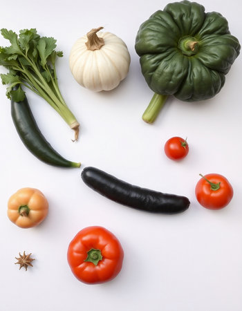 Vegetables on a white background. Tomatoes, peppers, zucchini, eggplant, cucumber and parsleyの写真素材