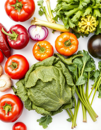 Fresh vegetables isolated on white background. Top view. Flat lay.の写真素材