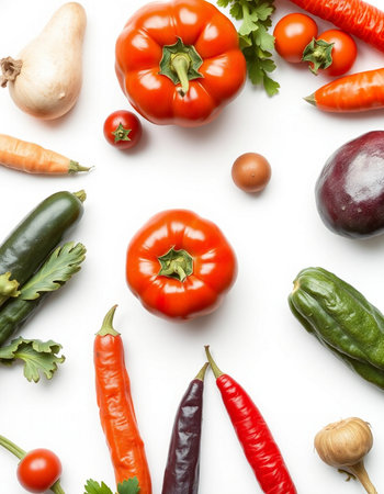 Composition with fresh vegetables on white background, top view. Flat layの写真素材