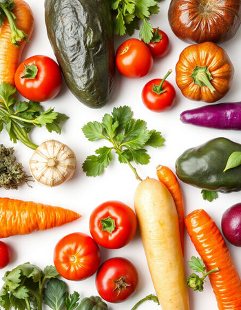 Fresh vegetables on a white background. Healthy food. Top view.の写真素材