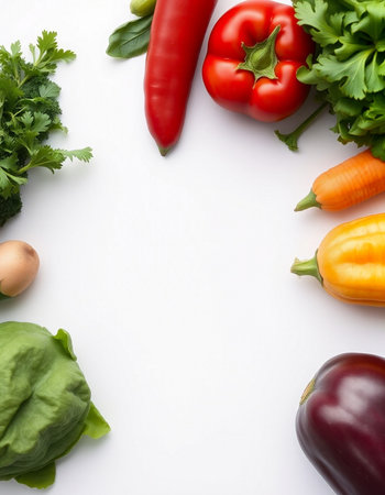 Vegetables on a white background with space for text, top viewの写真素材