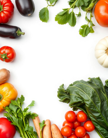 Frame of fresh vegetables on white background, top view. Space for textの写真素材