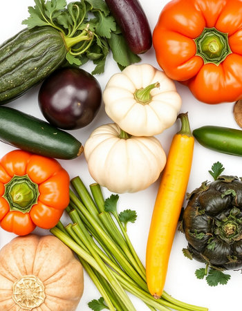 Fresh vegetables isolated on white background. Top view. Flat lay.の写真素材