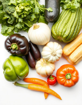 Vegetables on a white background. Top view. Flat lay.