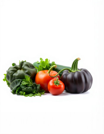 Vegetables isolated on white background. Black, red and green peppers, tomatoes and parsleyの写真素材