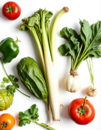 collection of fresh vegetables on white background, top view, flat layの写真素材