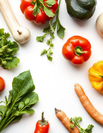 Fresh vegetables on a white background. Top view. Flat lay.