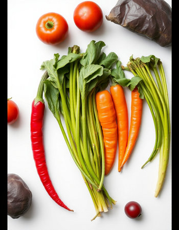 Fresh vegetables on a white background. Top view. Flat lay.