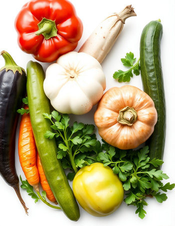 Fresh vegetables isolated on white background. Top view. Flat lay.の写真素材