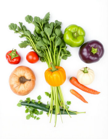 Fresh vegetables isolated on white background. Top view. Flat lay.の写真素材