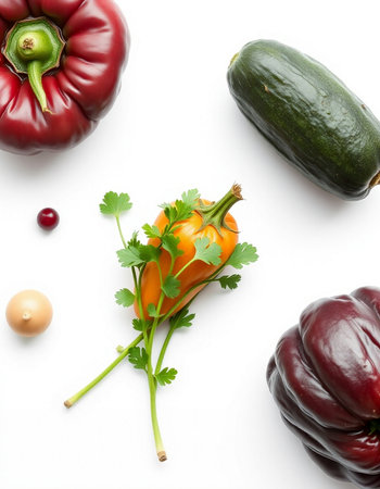 Fresh vegetables on white background, top view. Healthy food concept.