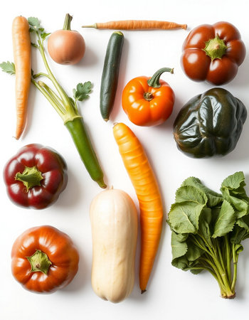 collection of fresh vegetables on white background, healthy food and nutrition concept