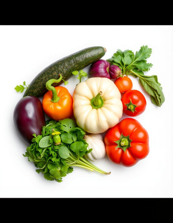 Fresh vegetables isolated on white background. Tomato, pepper, cucumber, eggplant, parsleyの写真素材