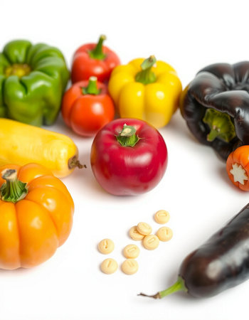 Colorful peppers and eggplant isolated on white background, closeupの写真素材