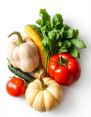 pumpkin, tomato, zucchini and parsley on white background
